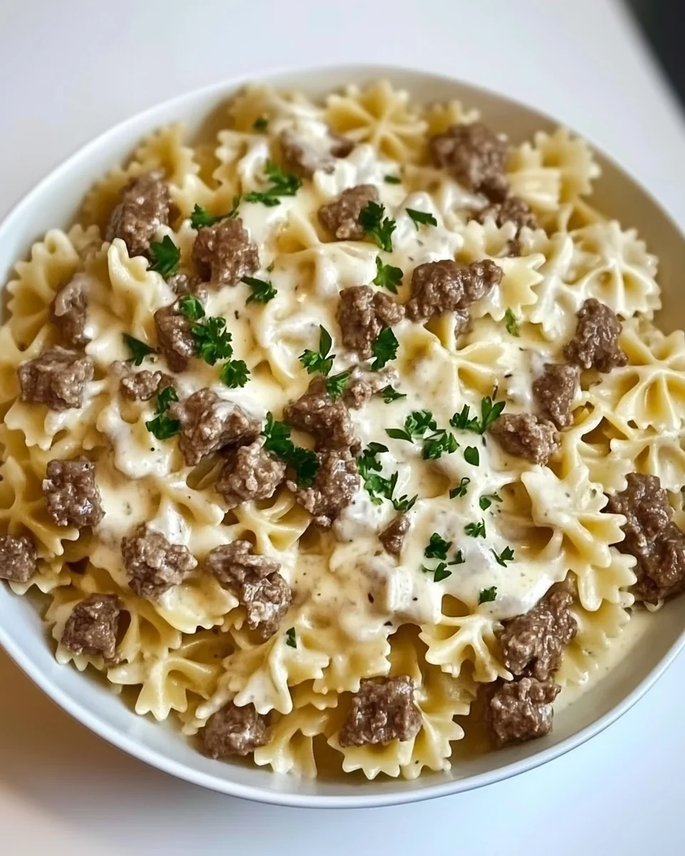 Homemade Beef Bowtie Pasta with Creamy Alfredo Sauce