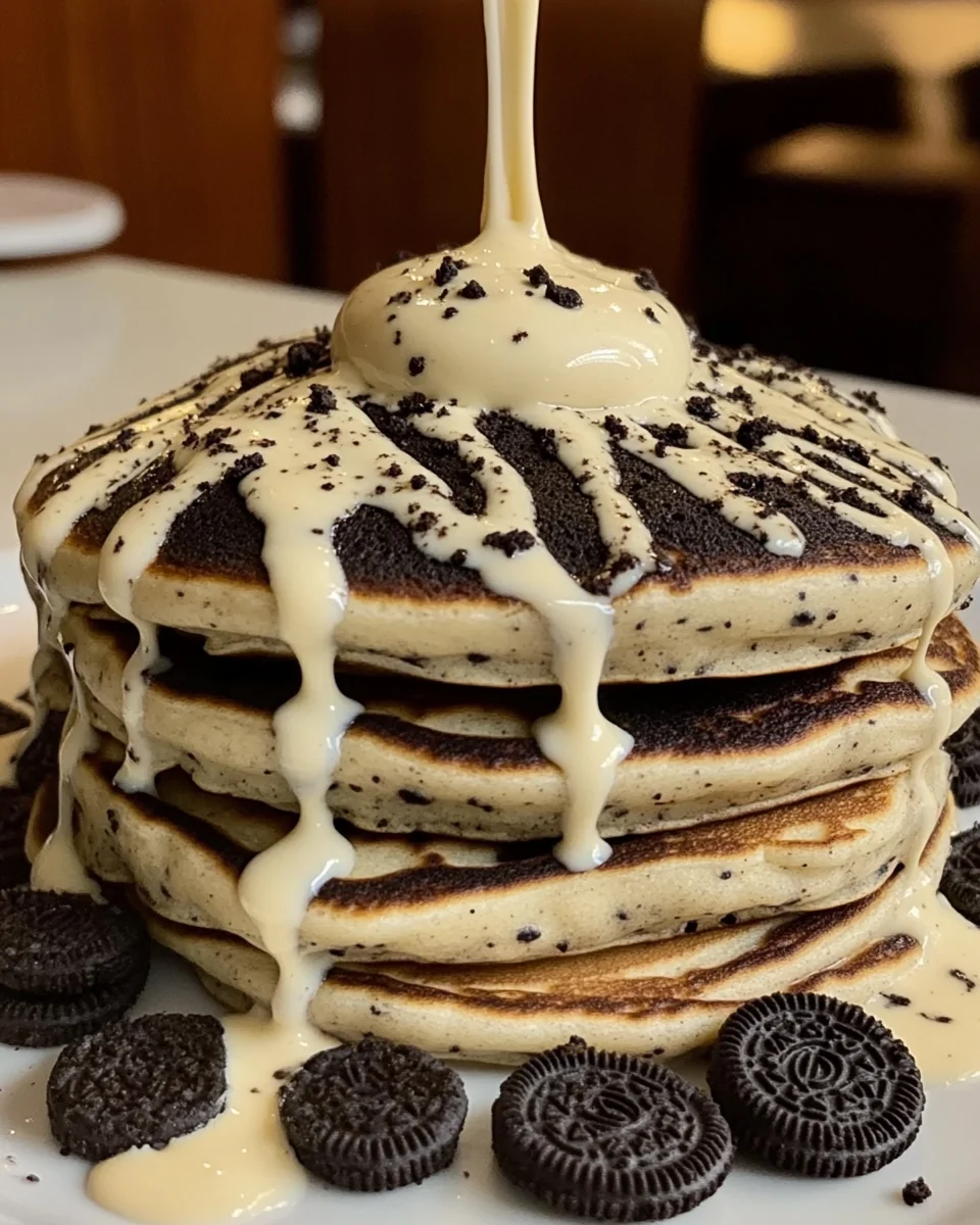 Delicious Oreo Pancakes with Creamy Drizzle