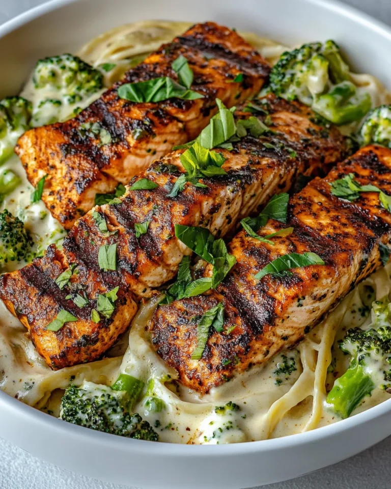 Creamy Blackened Salmon and Broccoli Alfredo