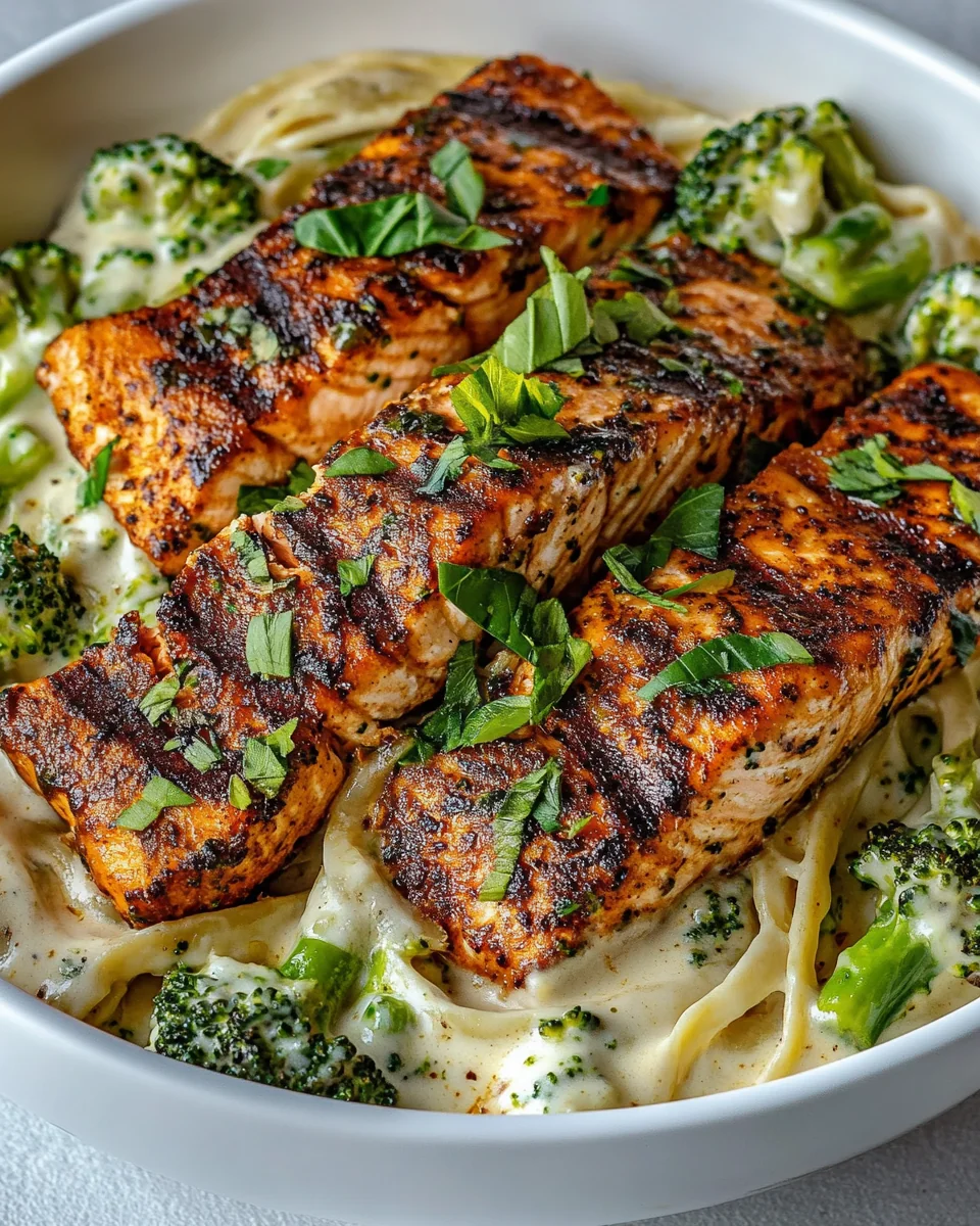 Creamy Blackened Salmon and Broccoli Alfredo