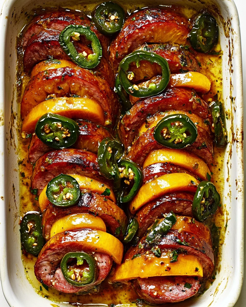 Savory Jalapeno Peach Hasselback Kielbasa Delight