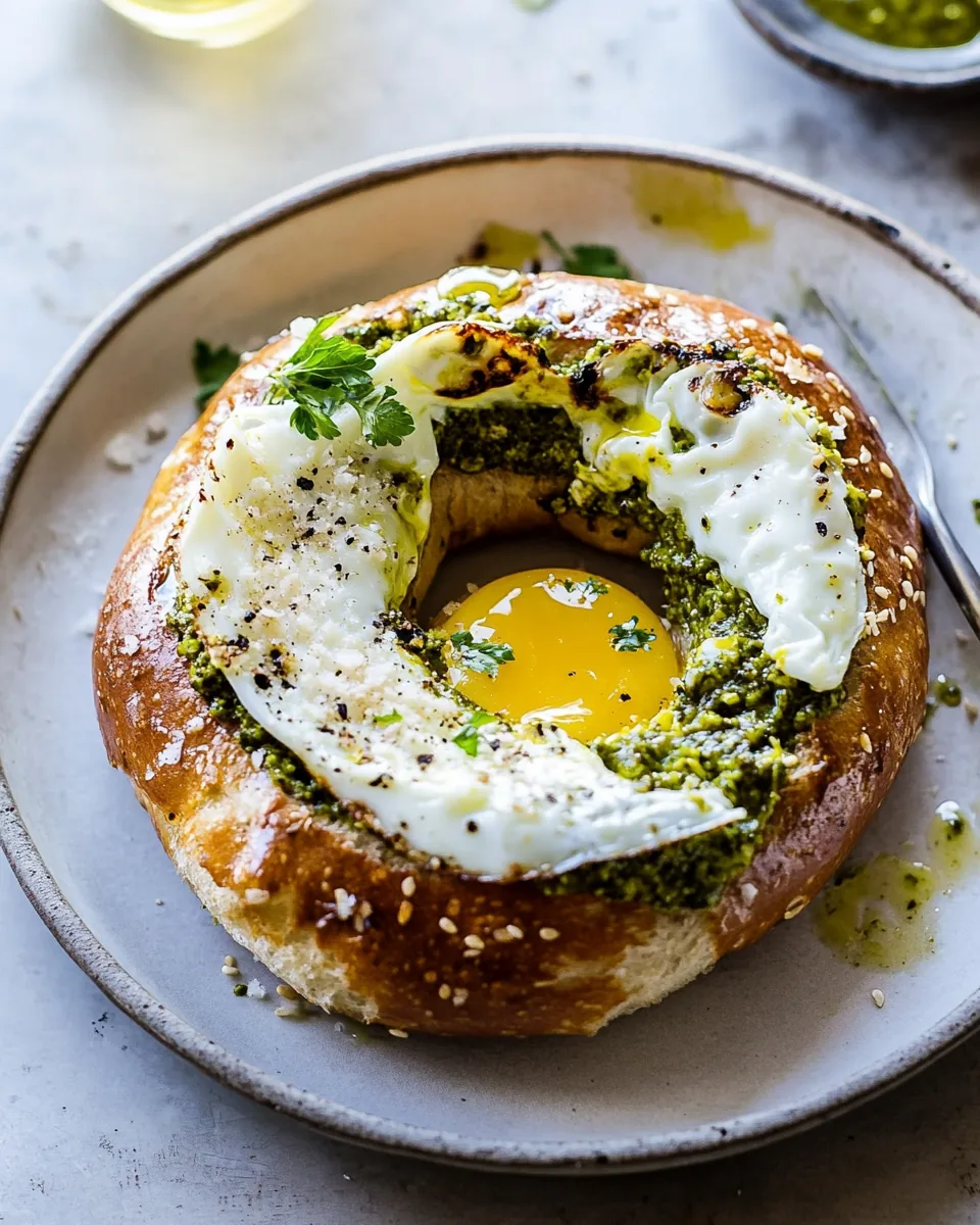 Crispy Parmesan Pesto Egg in a Bagel