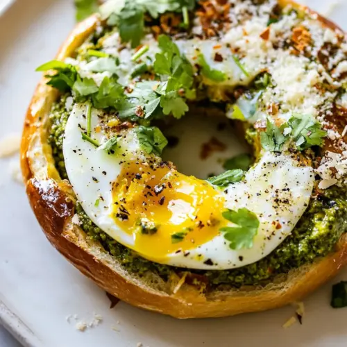 Crispy Parmesan Pesto Egg in a Bagel