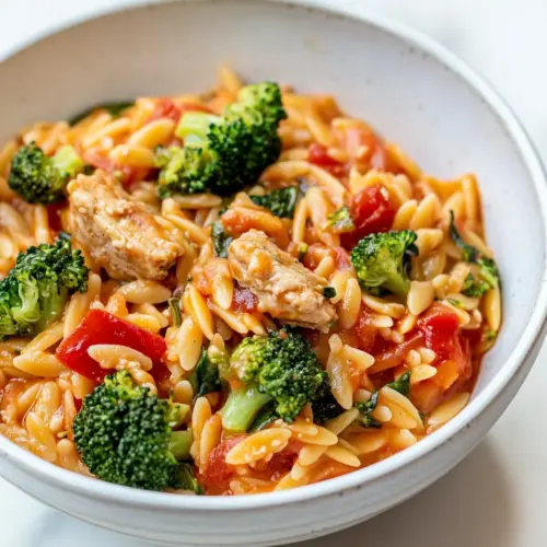 Tomato Orzo with Chicken Sausage and Broccoli