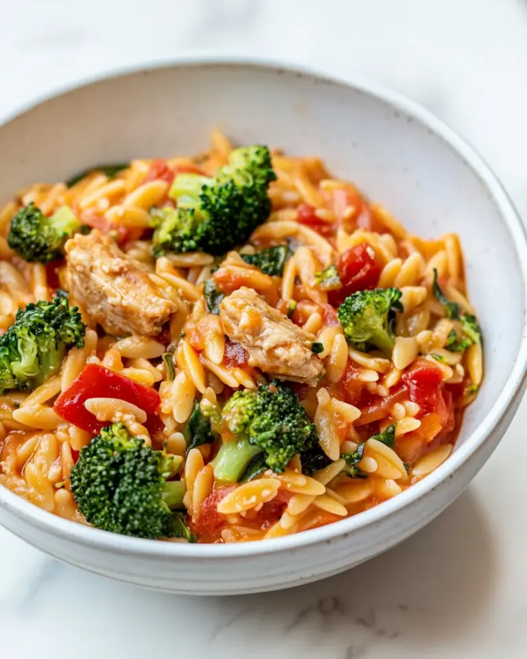 Tomato Orzo with Chicken Sausage and Broccoli