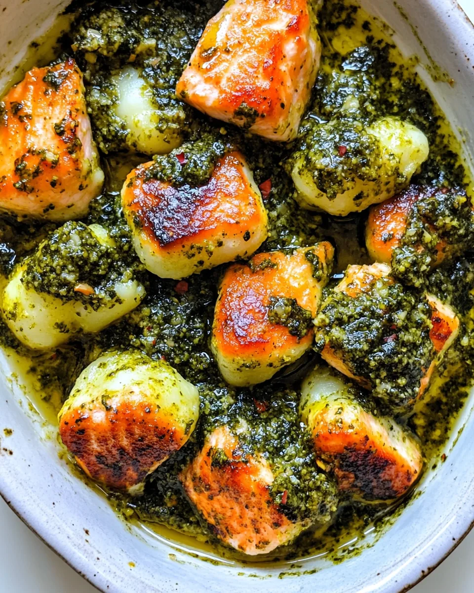 Trader Joe’s Cauliflower Gnocchi with Pesto Salmon