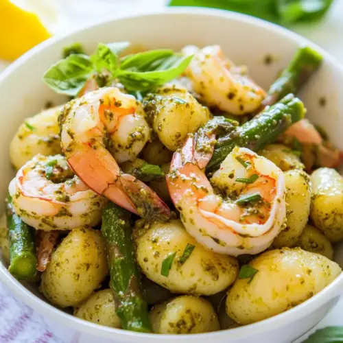 20 Minute Pesto Shrimp with Gnocchi and Asparagus