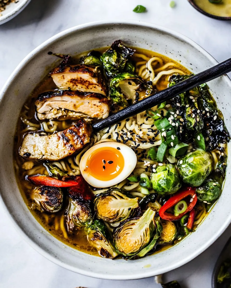 30 Minute Chicken Ramen with Miso Roasted Brussels Sprouts and Ginger Butter