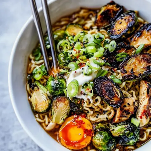 30 Minute Chicken Ramen with Miso Roasted Brussels Sprouts and Ginger Butter
