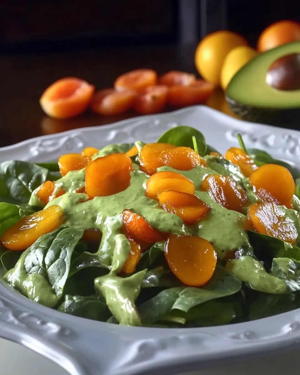 Apricot Spinach Salad with Avocado Basil Dressing