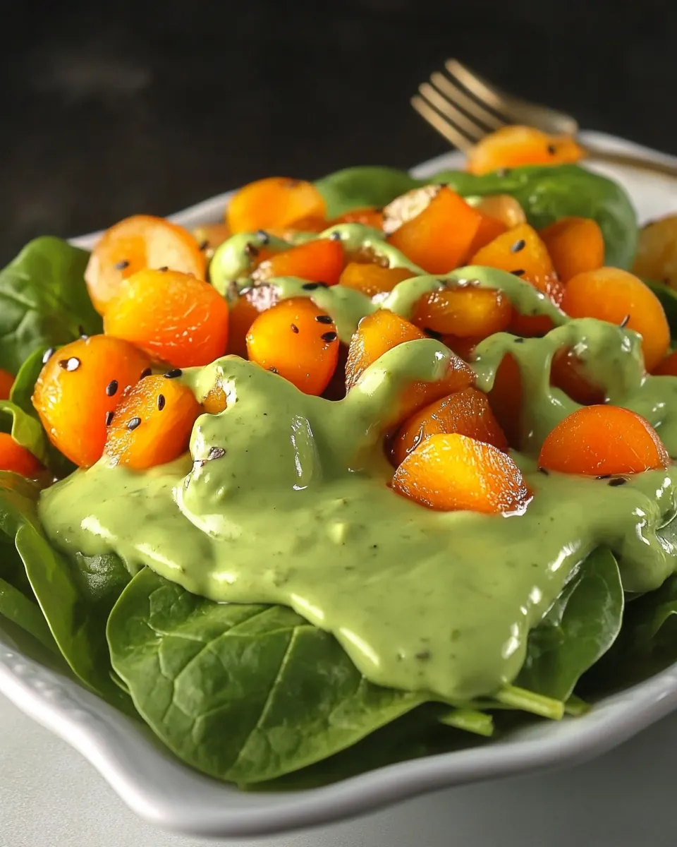 Apricot Spinach Salad with Avocado Basil Dressing