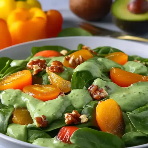 Apricot Spinach Salad with Avocado Basil Dressing