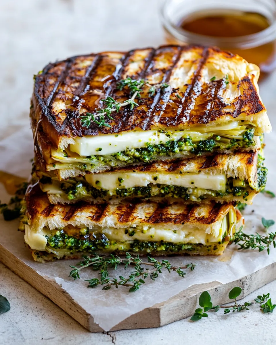 Artichoke and Broccoli Pesto Brie Panini with Thyme Honey
