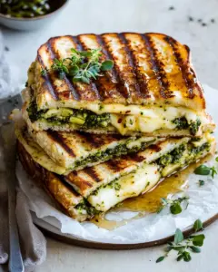 Artichoke and Broccoli Pesto Brie Panini with Thyme Honey