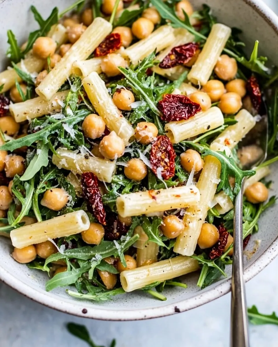 Arugula Pasta Salad with Chickpeas and Sun Dried Tomatoes