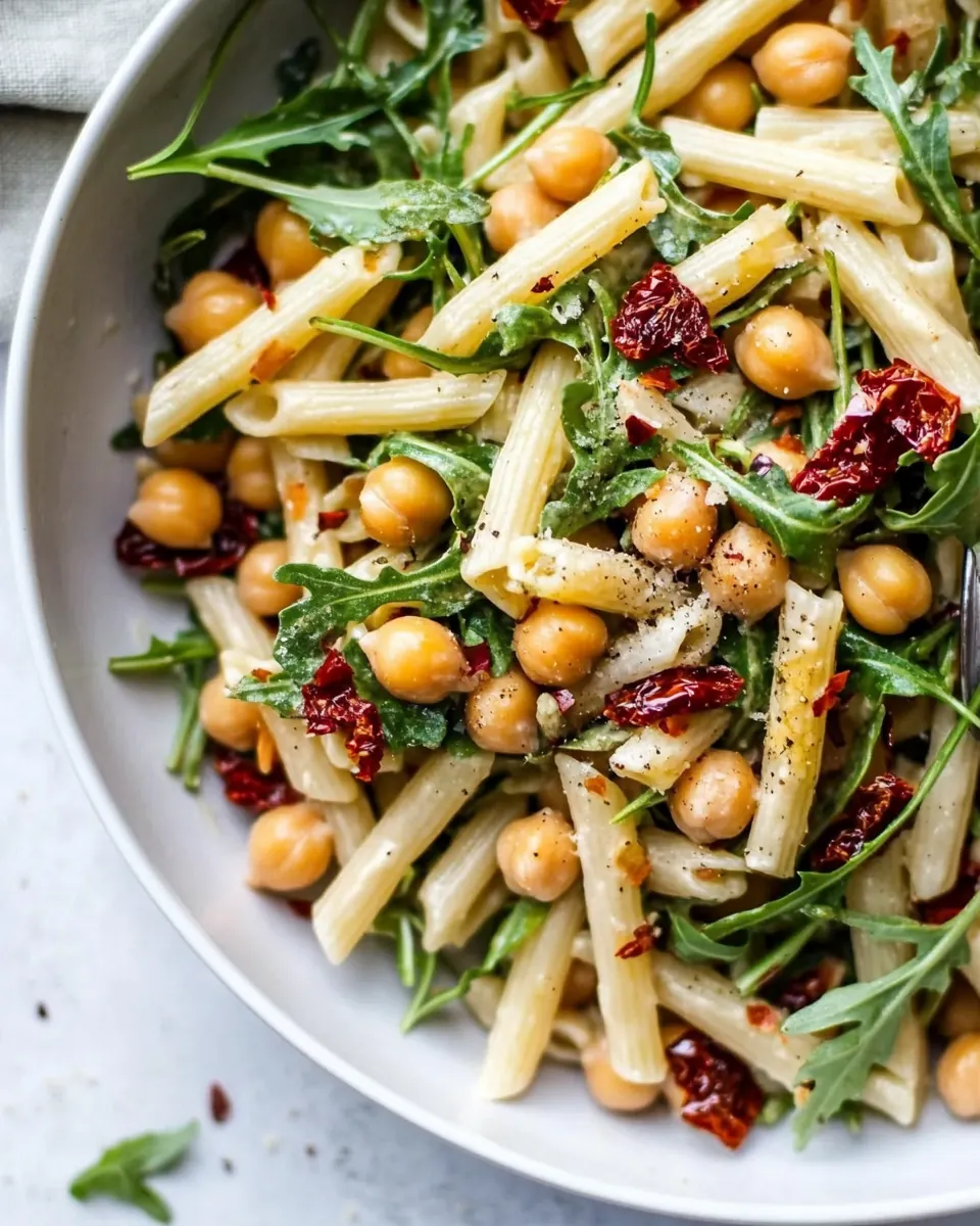Arugula Pasta Salad with Chickpeas and Sun Dried Tomatoes