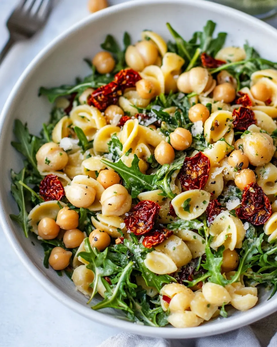 Arugula Pasta Salad with Chickpeas and Sun Dried Tomatoes