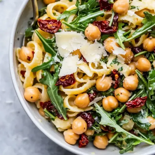 Arugula Pasta Salad with Chickpeas and Sun Dried Tomatoes