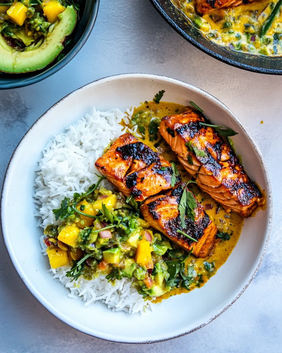 BBQ Salmon Curry with Mango Avocado Salsa