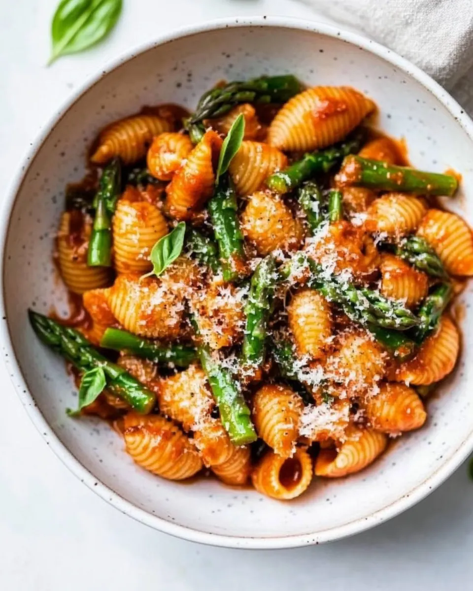 Baby Pasta Shells with Asparagus and Marinara Sauce