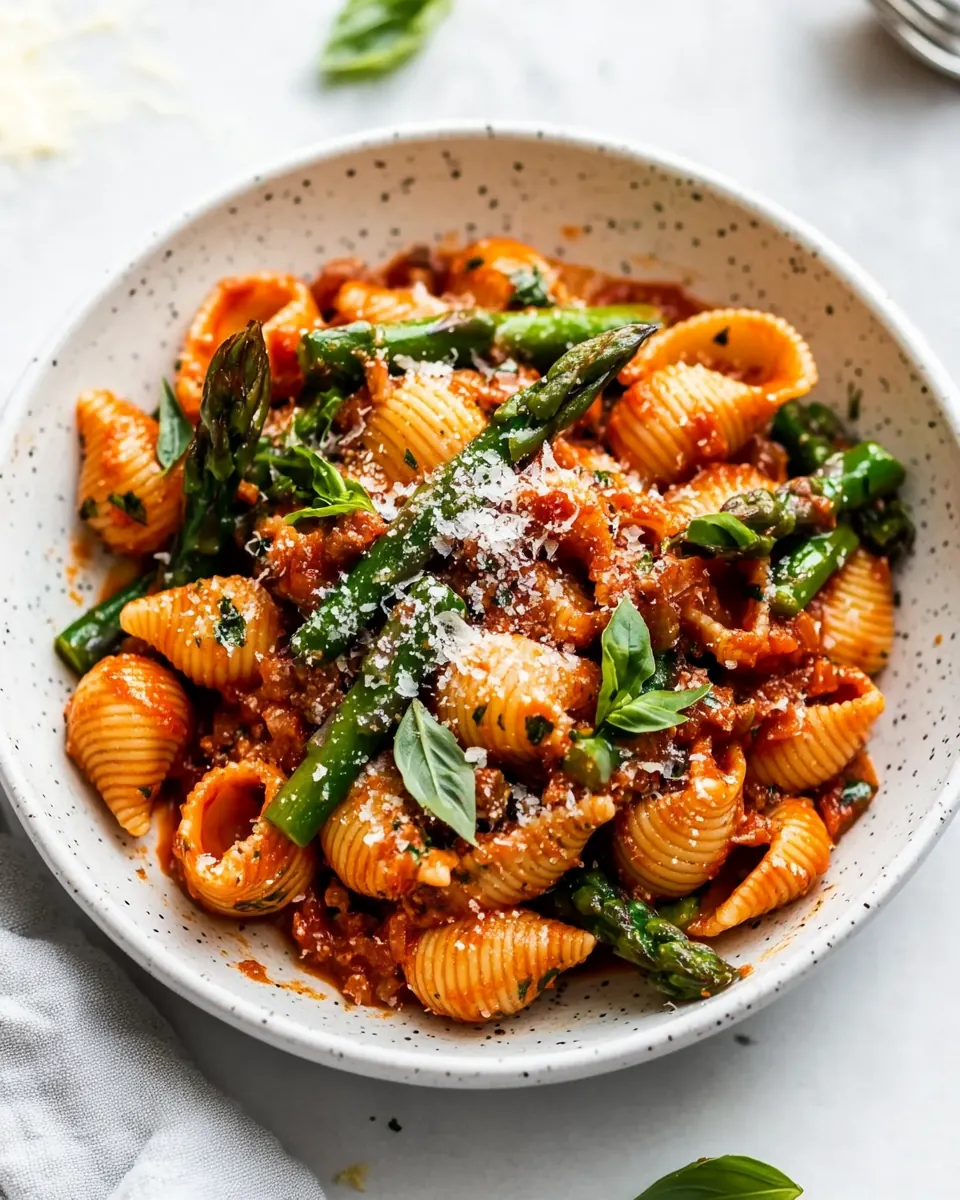 Baby Pasta Shells with Asparagus and Marinara Sauce