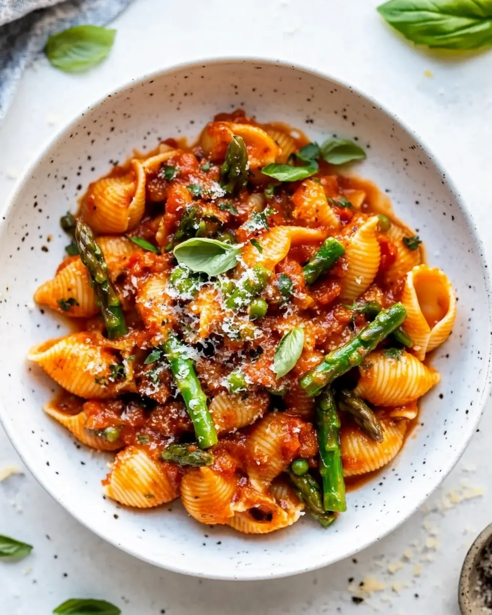 Baby Pasta Shells with Asparagus and Marinara Sauce