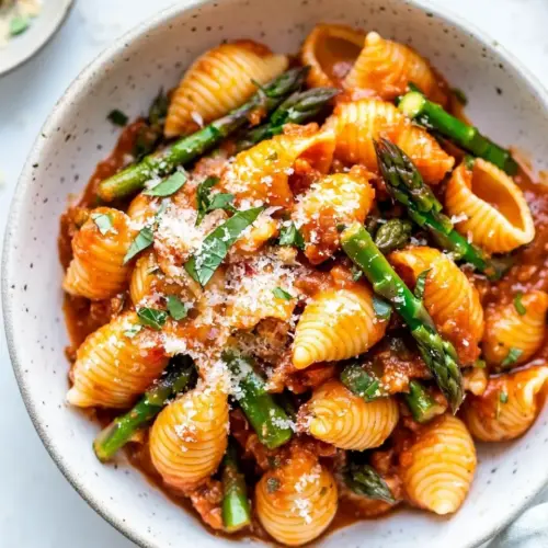 Baby Pasta Shells with Asparagus and Marinara Sauce