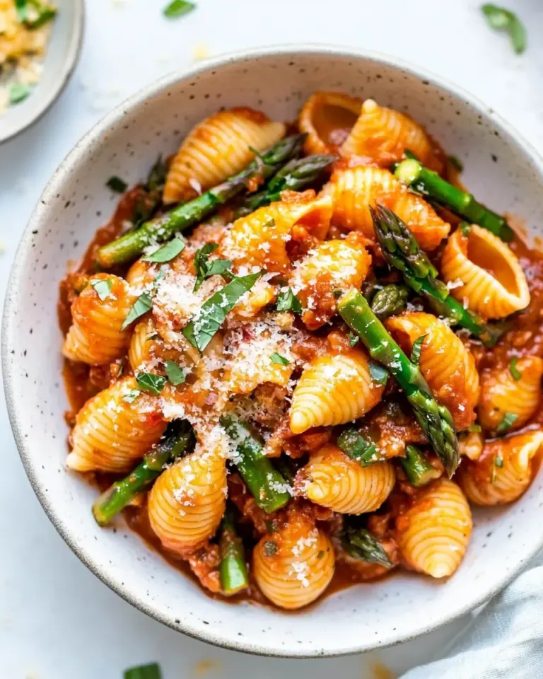 Baby Pasta Shells with Asparagus and Marinara Sauce