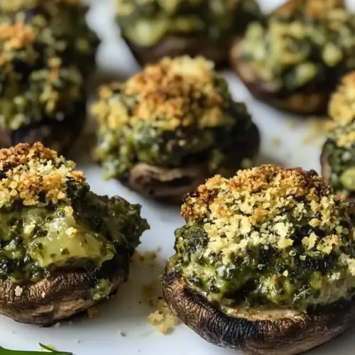 Baked Pesto Mushies with Crunchy Cashew Cheese