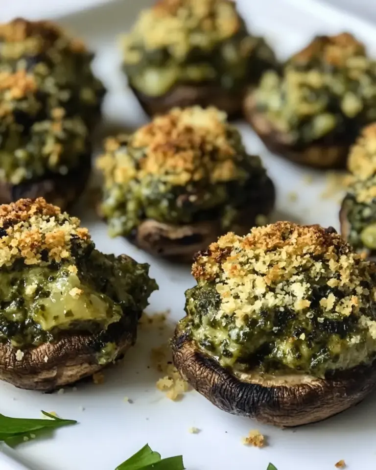 Baked Pesto Mushies with Crunchy Cashew Cheese