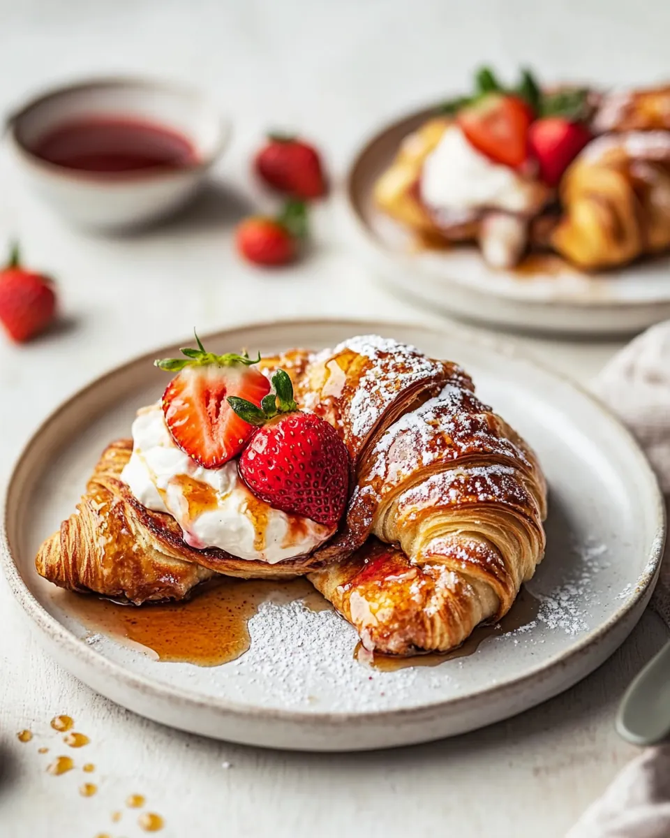 Baked Strawberry and Cream Stuffed Croissant French Toast