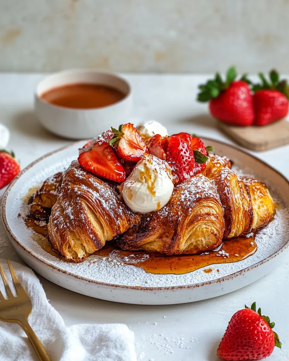 Baked Strawberry and Cream Stuffed Croissant French Toast