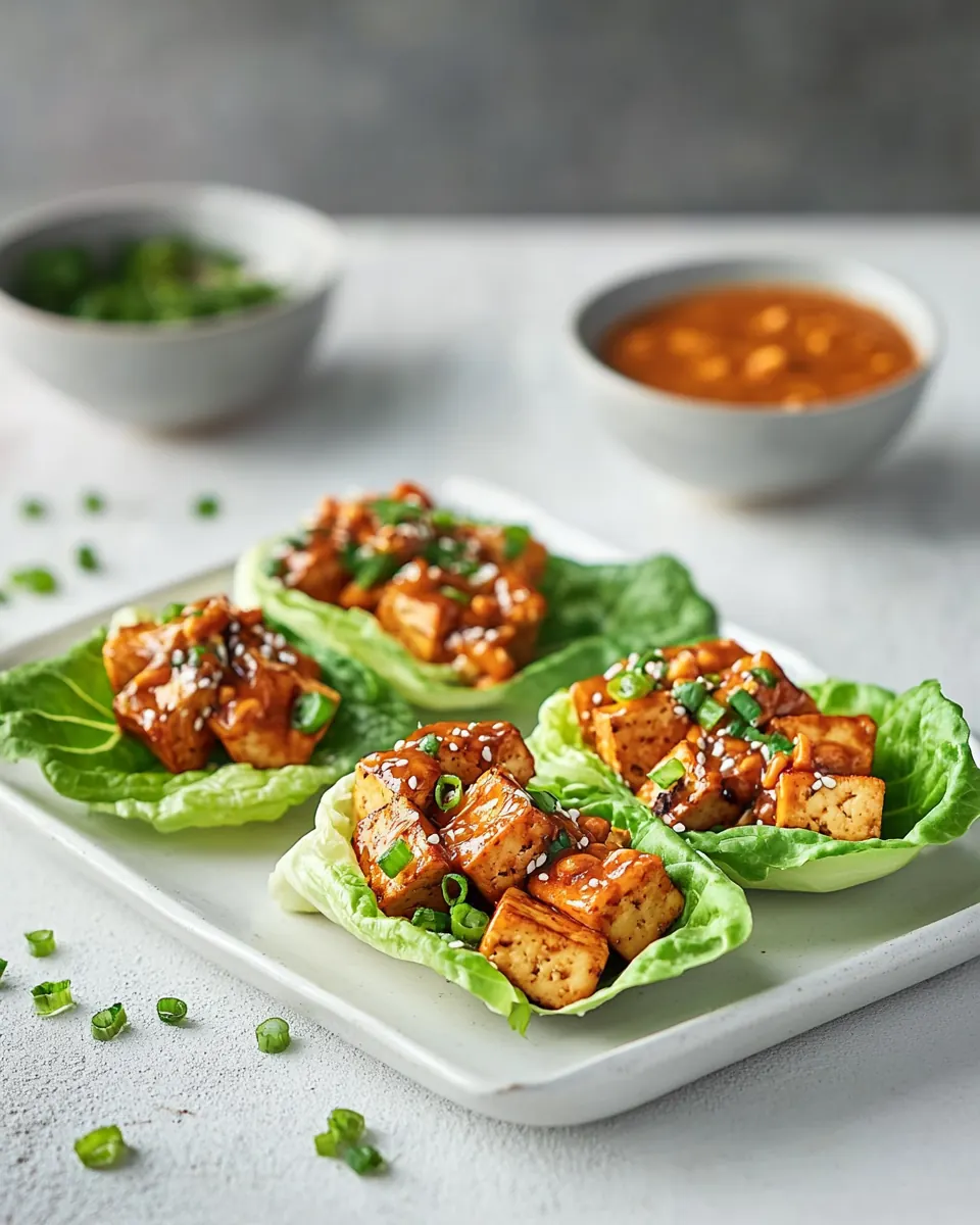 Baked Tofu Lettuce Wraps with Spicy Peanut Sauce