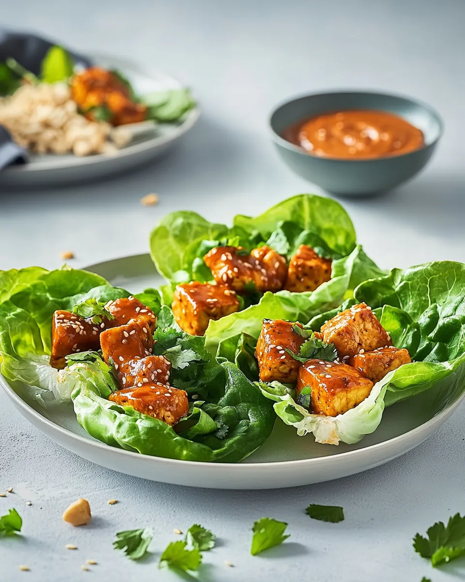 Baked Tofu Lettuce Wraps with Spicy Peanut Sauce