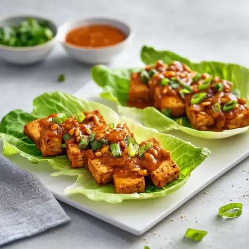 Baked Tofu Lettuce Wraps with Spicy Peanut Sauce
