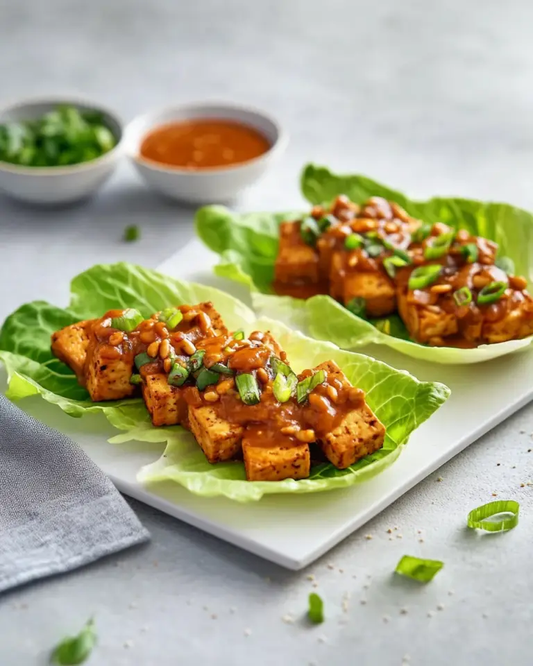 Baked Tofu Lettuce Wraps with Spicy Peanut Sauce
