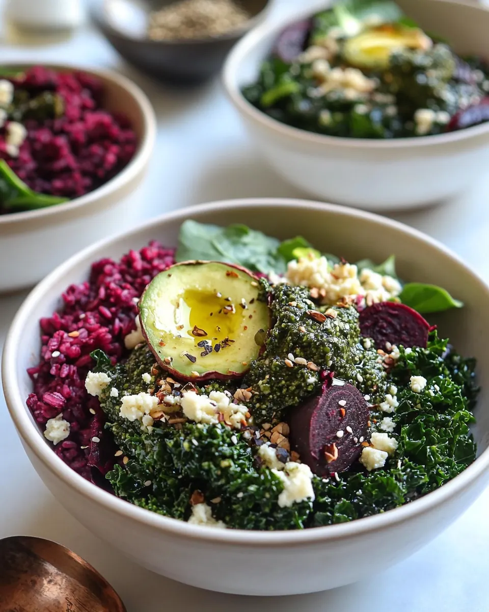 Beet Rice Garlicky Kale Bowls with Beet Green Pesto