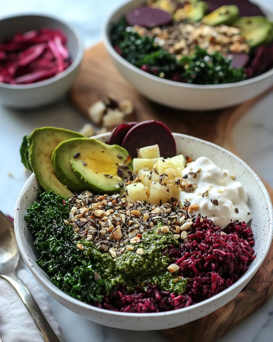 Beet Rice Garlicky Kale Bowls with Beet Green Pesto