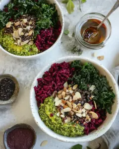 Beet Rice Garlicky Kale Bowls with Beet Green Pesto
