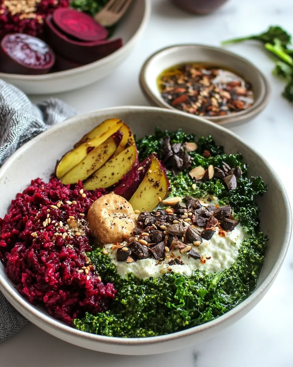 Beet Rice Garlicky Kale Bowls with Beet Green Pesto