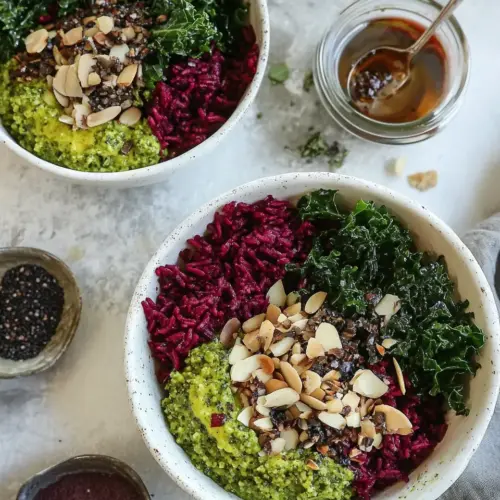Beet Rice Garlicky Kale Bowls with Beet Green Pesto