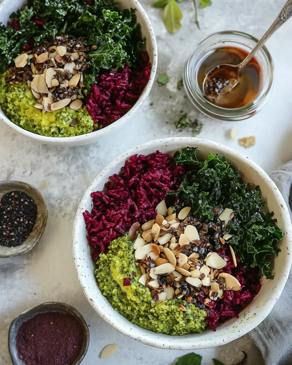 Beet Rice Garlicky Kale Bowls with Beet Green Pesto