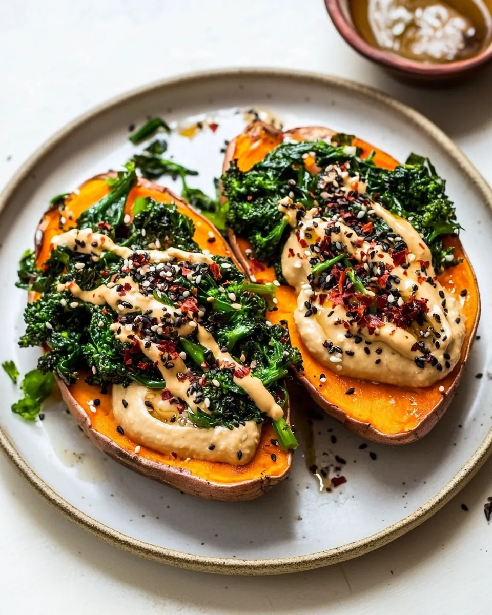 Broccoli Rabe and Hummus Topped Sweet Potatoes