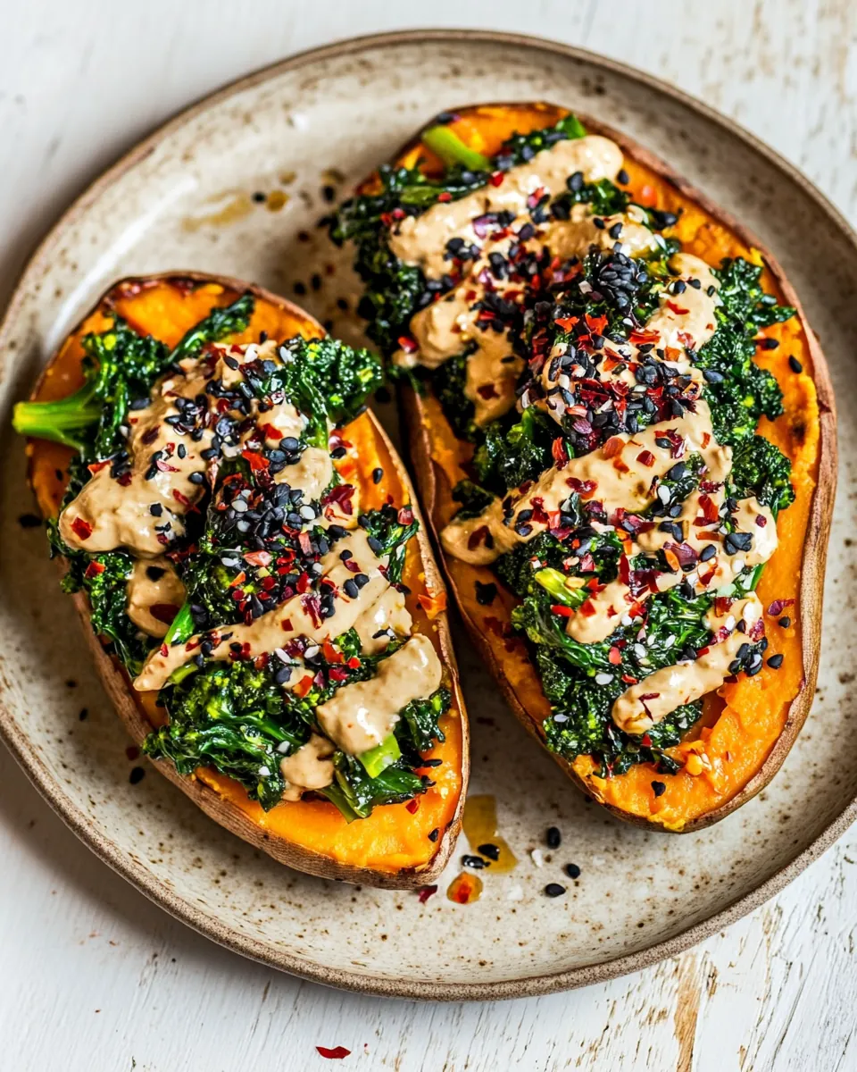 Broccoli Rabe and Hummus Topped Sweet Potatoes