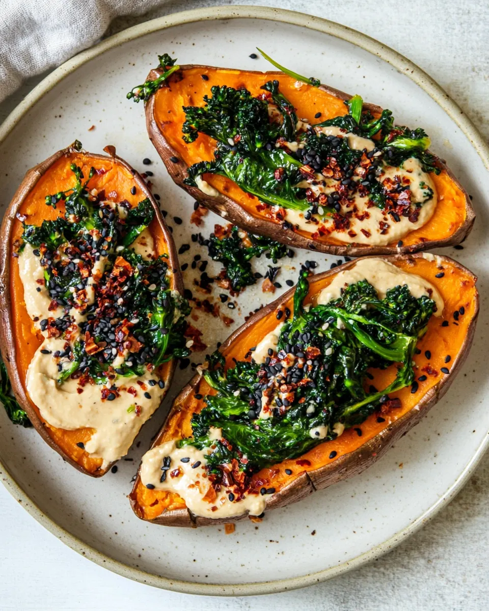 Broccoli Rabe and Hummus Topped Sweet Potatoes