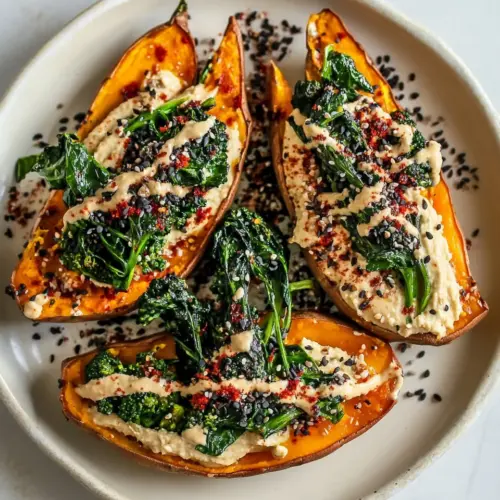 Broccoli Rabe and Hummus Topped Sweet Potatoes