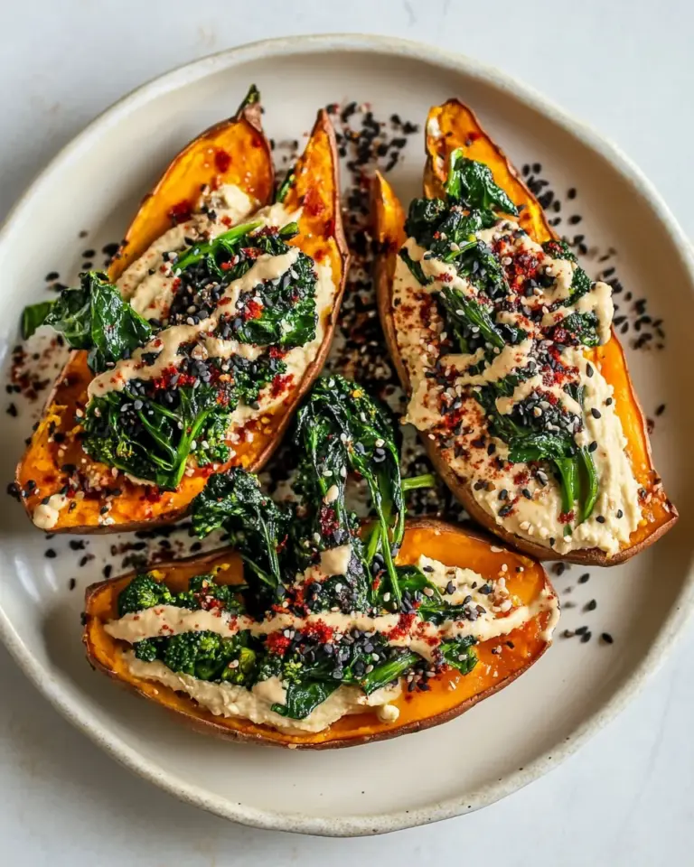 Broccoli Rabe and Hummus Topped Sweet Potatoes
