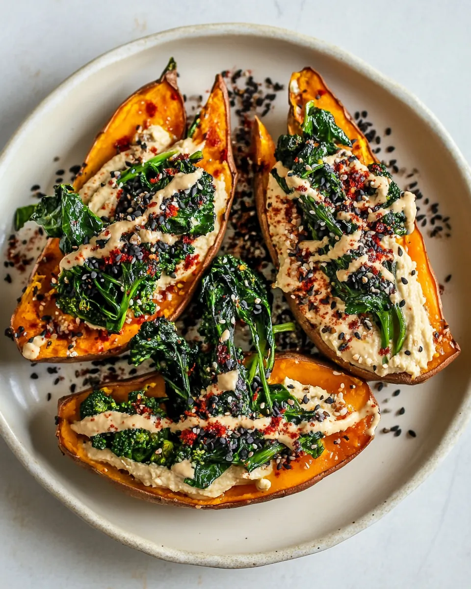 Broccoli Rabe and Hummus Topped Sweet Potatoes