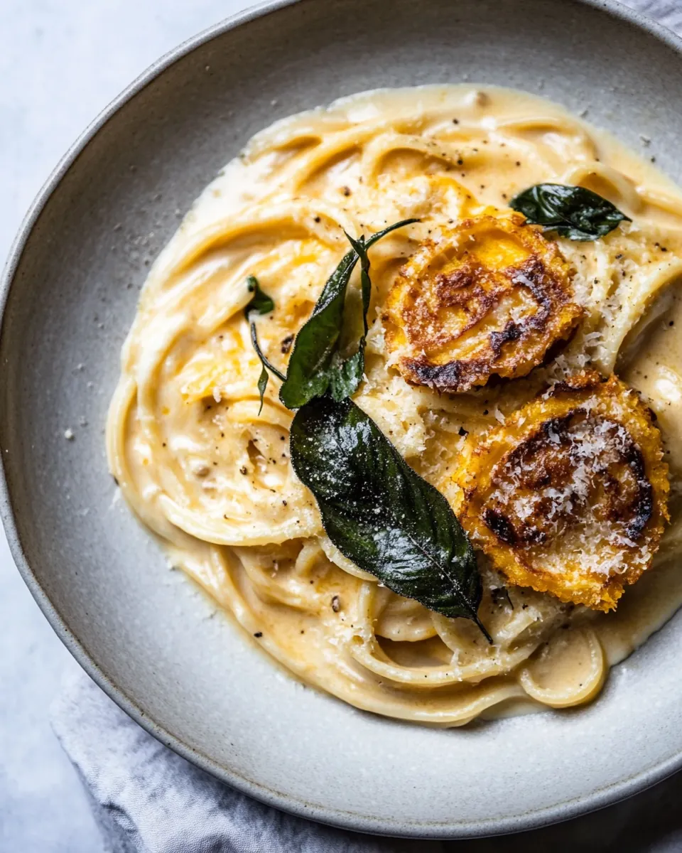 Brown Butter Pumpkin Fettuccine Alfredo with Fried Cheese