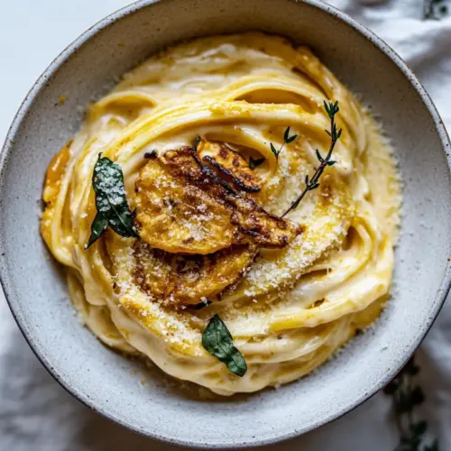 Brown Butter Pumpkin Fettuccine Alfredo with Fried Cheese